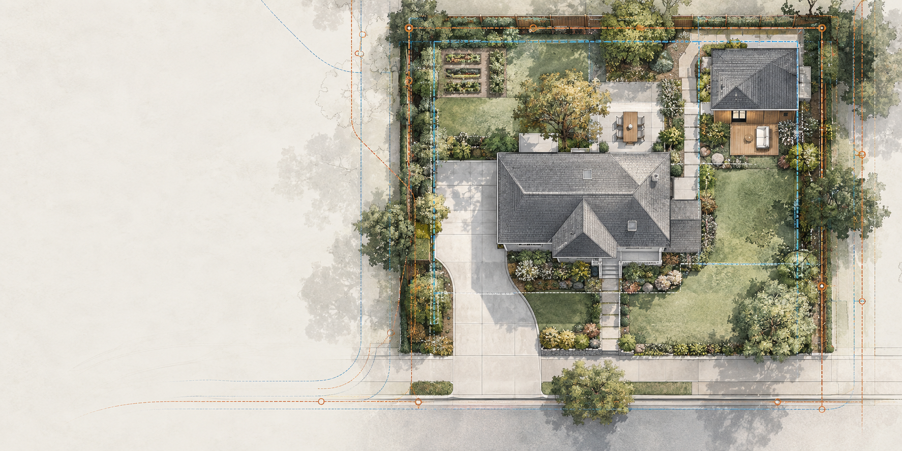Sample overhead site plan showing a main home, backyard unit, garden and access paths