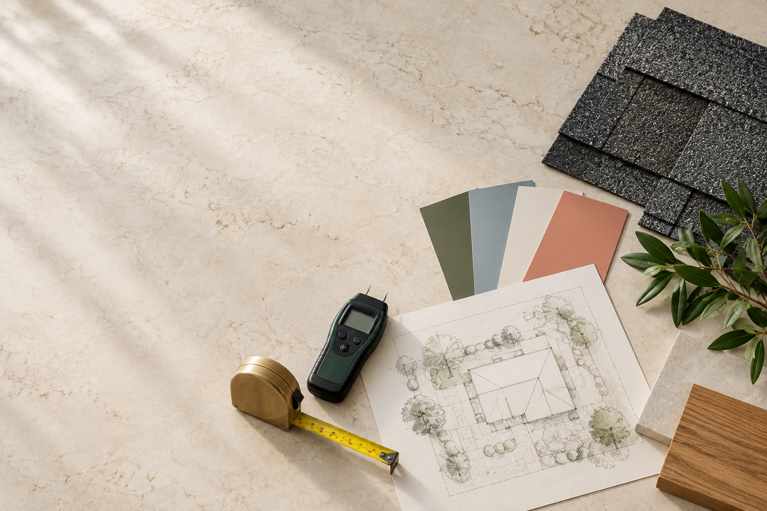 Overhead view of roofing samples, paint swatches, a moisture meter, a tape measure and a sketched site plan