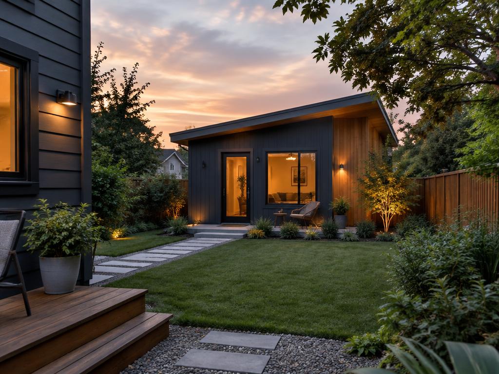 A modern backyard accessory dwelling unit at dusk