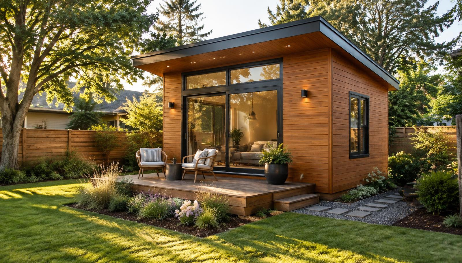 Detached backyard cottage with wood siding, glass doors and a small deck