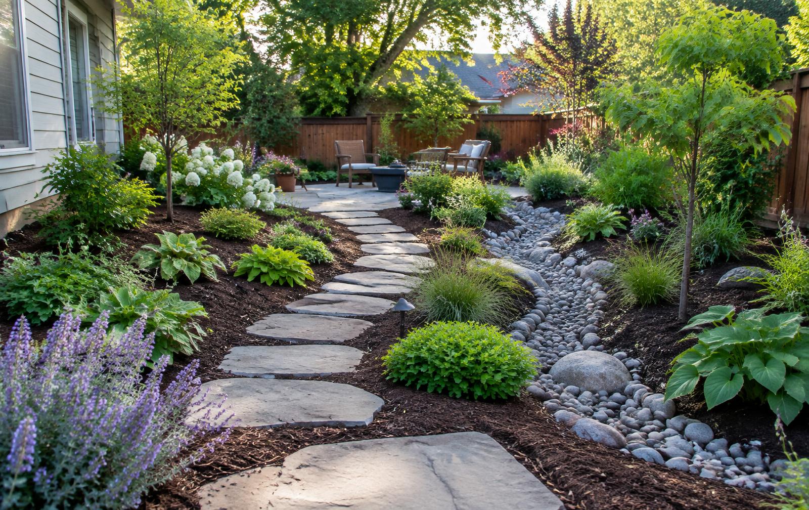 Backyard with layered planting beds, stone path to a patio and a dry creek drainage swale