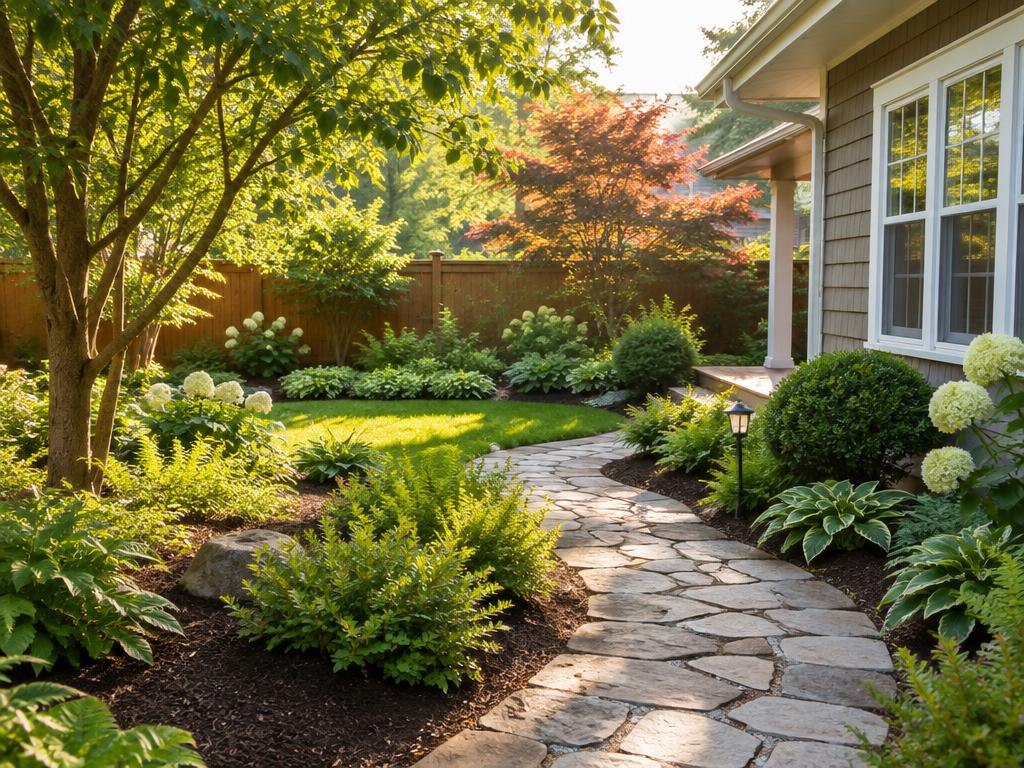 A backyard with a curved stone path and layered plantings