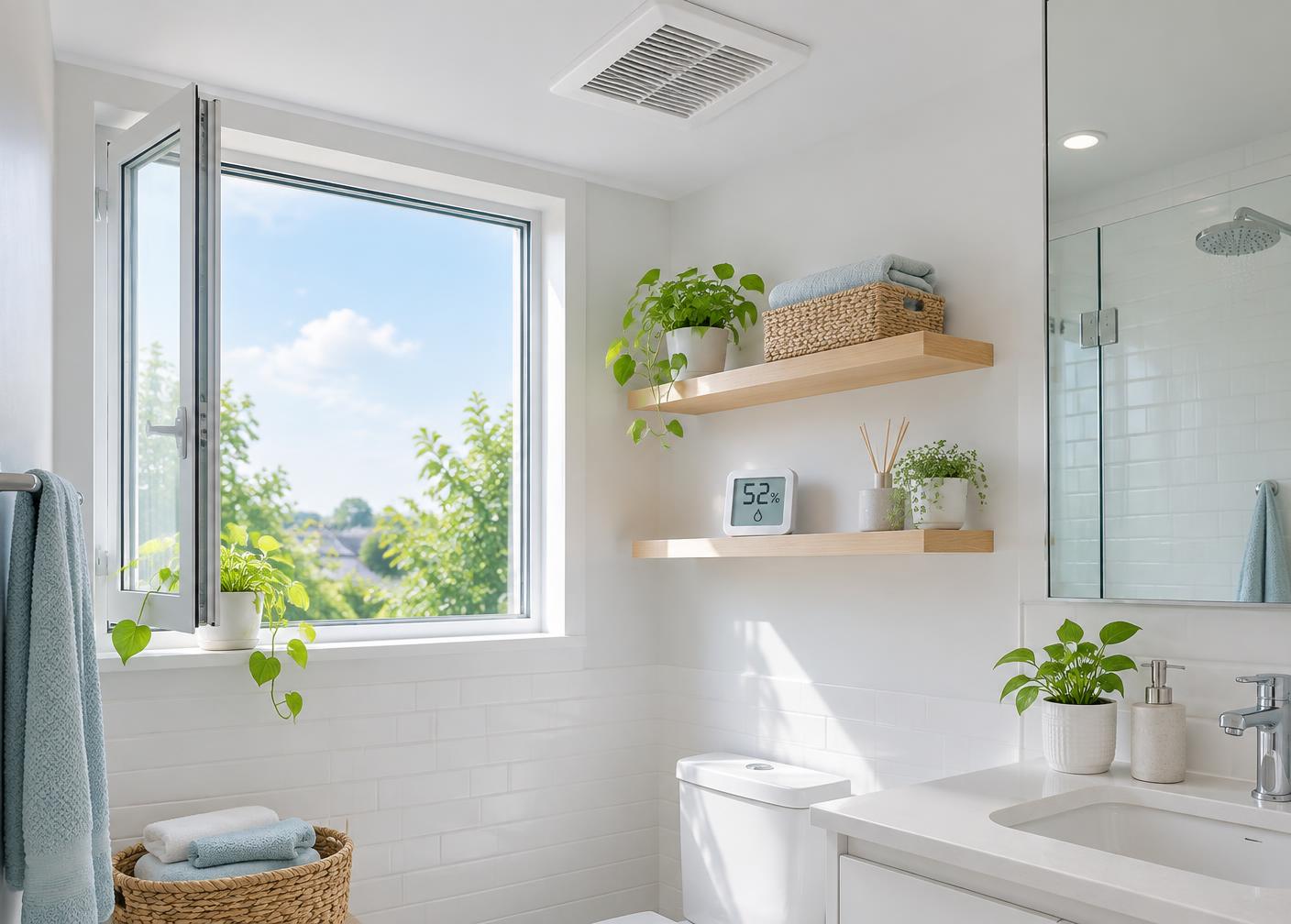 Baño luminoso con ventana abierta, extractor en el techo y monitor de humedad
