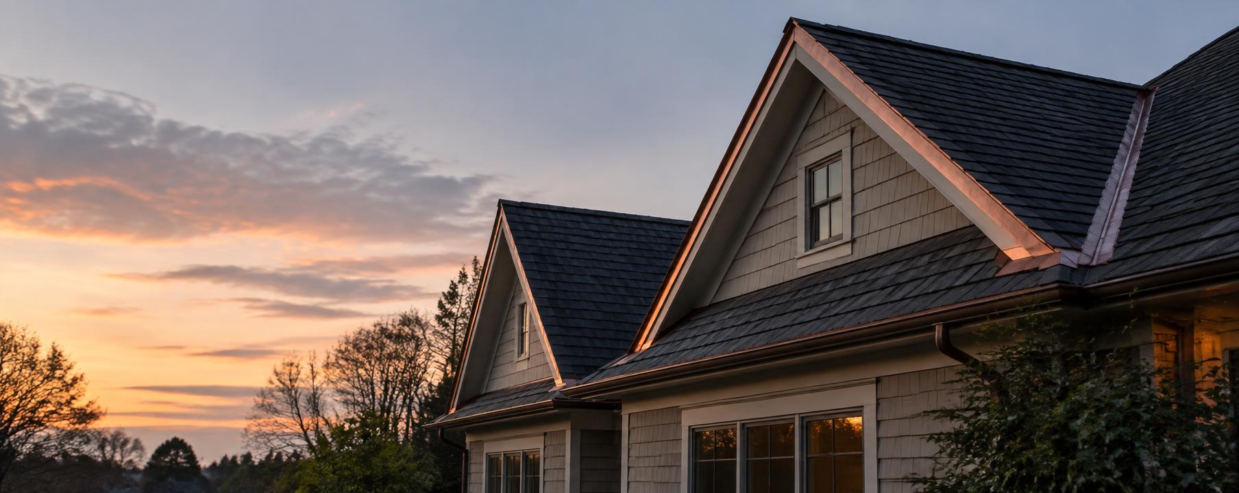 Gable roofline with copper flashing seen from the ground at dusk
